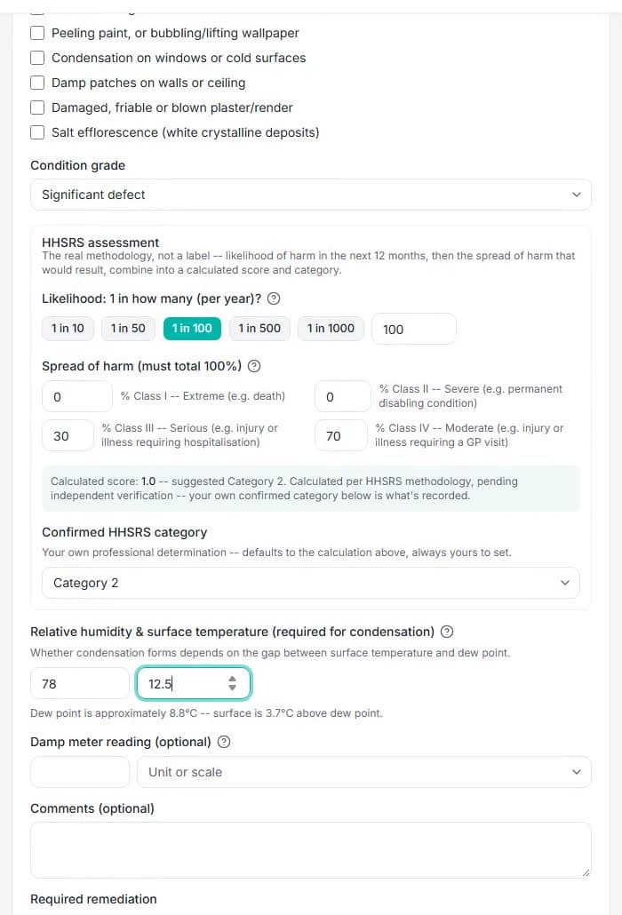 The HHSRS assessment screen