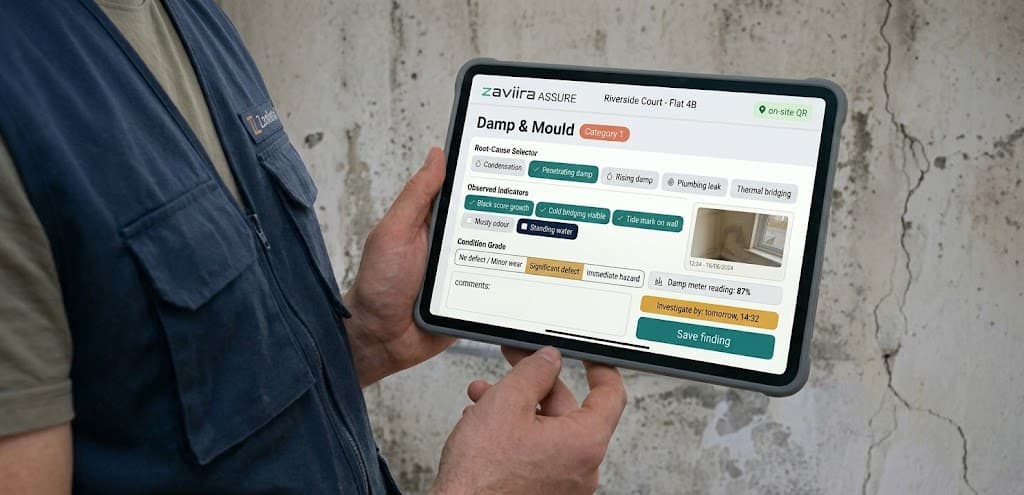 Root cause diagnostic screen for a damp and mould finding, with visible mould staining on the wall behind