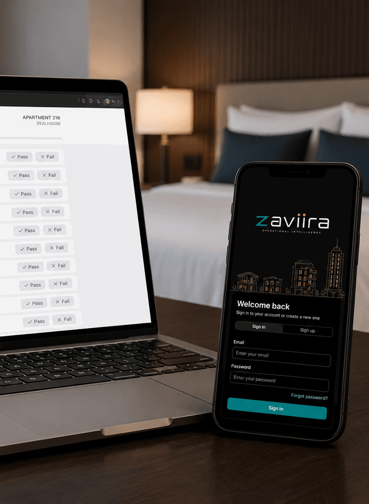 Zaviira running on a phone, with a laptop and hotel bed visible behind it